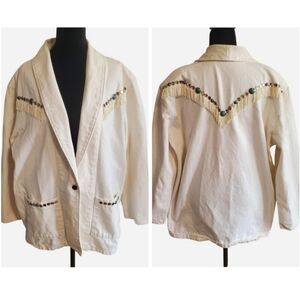 VTG Prestige NY Fringe Studded Denim Jacket BLazer Western Rodeo 80s Boho Size L